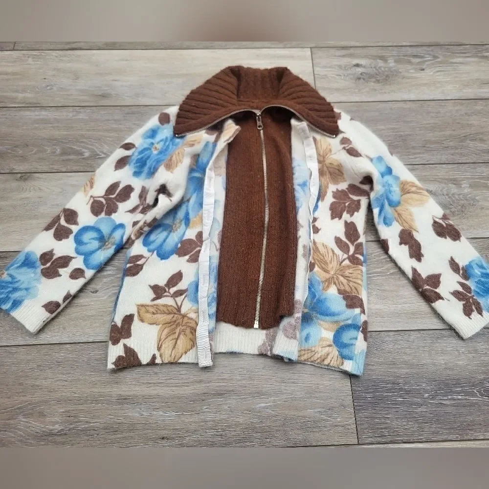 Free People  rabbit hair/lambswool blend super soft sweater, floral blue brown w
